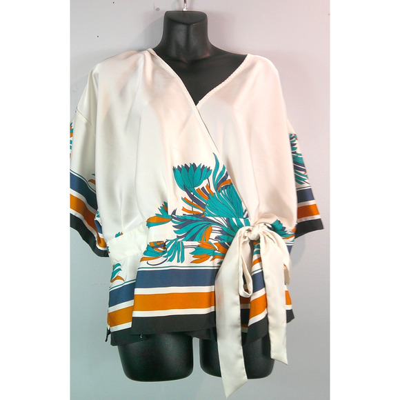 Nine West Wrap Silky Blouse Women's XXL Navy Blue Cream Side Tie Kimono Style - Picture 1 of 11